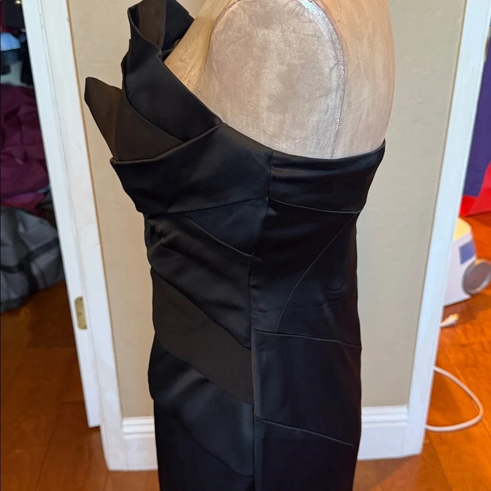 Coast Women’s Black Satin Strapless Evening Long Dress Front Modern Ruffles 8